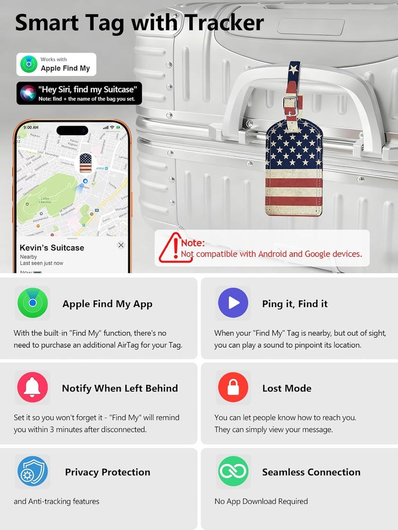 LifeChé Luggage Tags Built-in Anti-Loss Tracker, Luxury Leather Luggage Tags for Suitcase, Travel Bags, Backpacks, Travel Organizer for Lost Baggage Prevention (US Flag) - Image 2